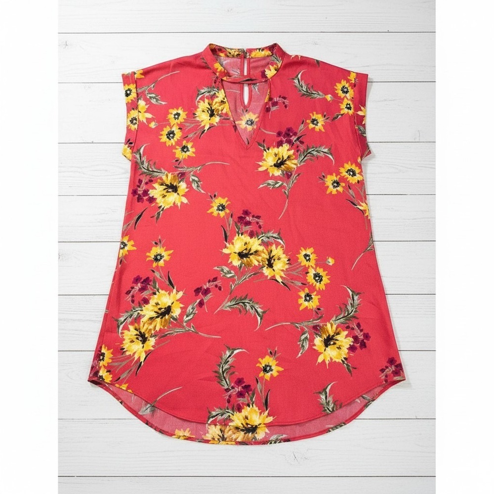Express‎ Red Floral Choker Neck Keyhole Blouse Sleeveless Cap Sleeve Top XS NEW